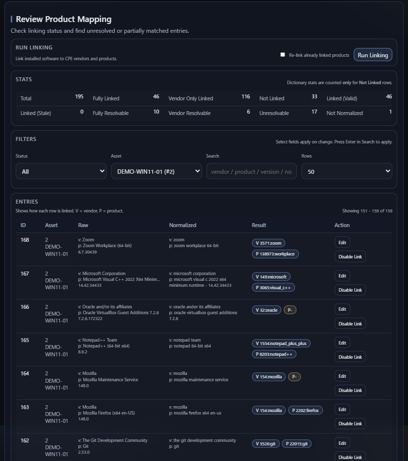 Canonical review screen showing vendor and product linkage across imported software