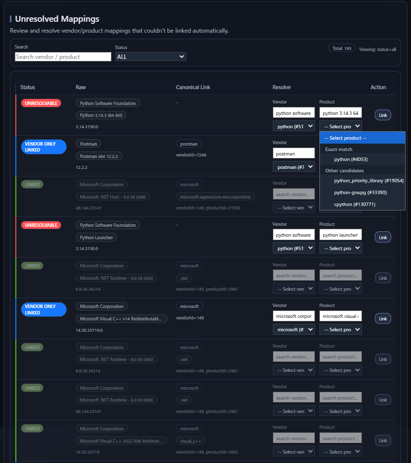 Unresolved mappings screen showing software rows that still need canonical review