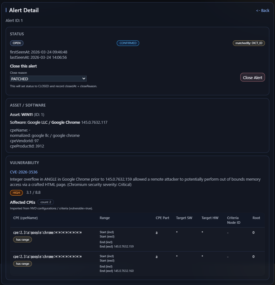 Alert detail screen showing the operational result of AVM matching